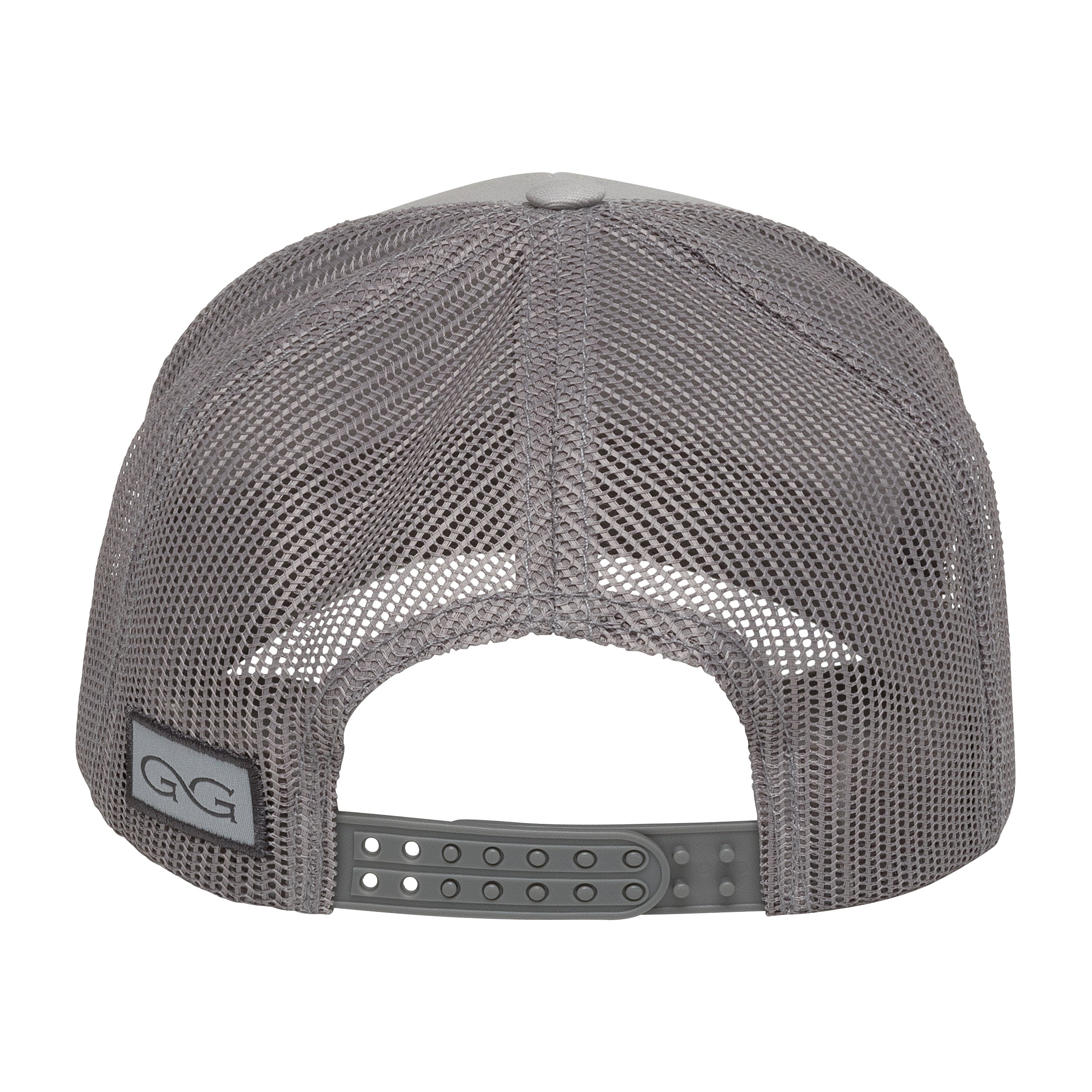 Gray mesh trucker hat with adjustable strap, ideal for hunting and outdoor activities