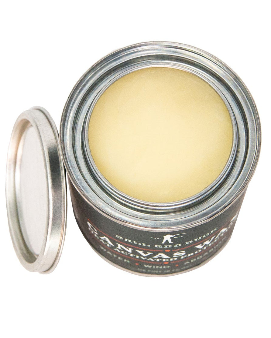 Open tin of Ball and Buck Canvas Wax showing the natural wax inside