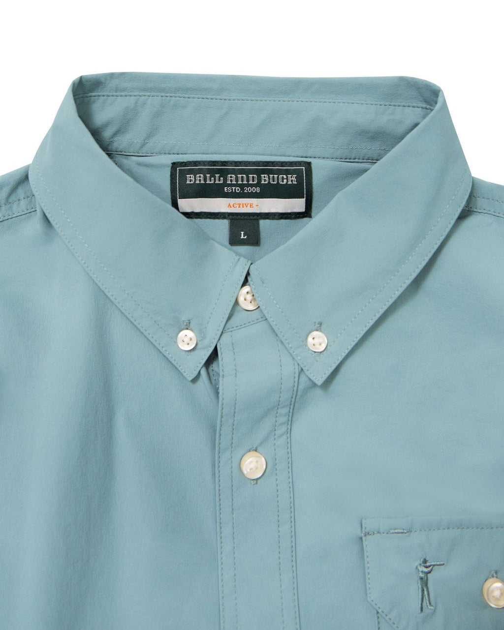 Button-down collar and label on the River Green Active+ Guide Shirt