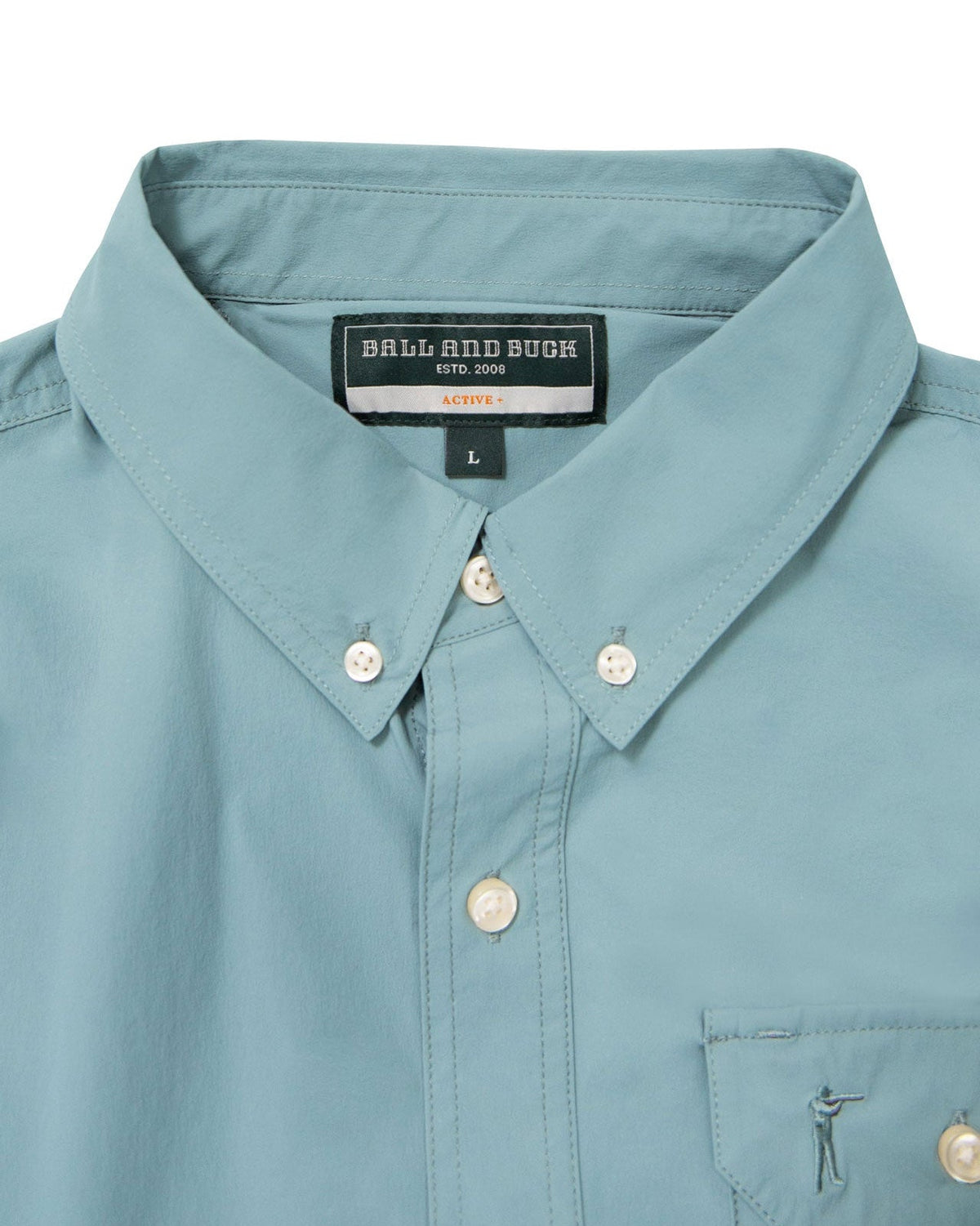 Button-down collar and label on the River Green Active+ Guide Shirt
