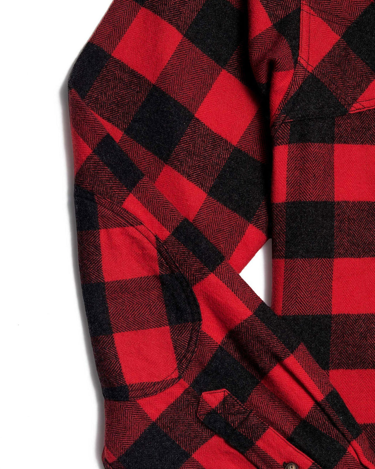 Sleeve and elbow patch on the red Buffalo Plaid Sportsmans Shirt
