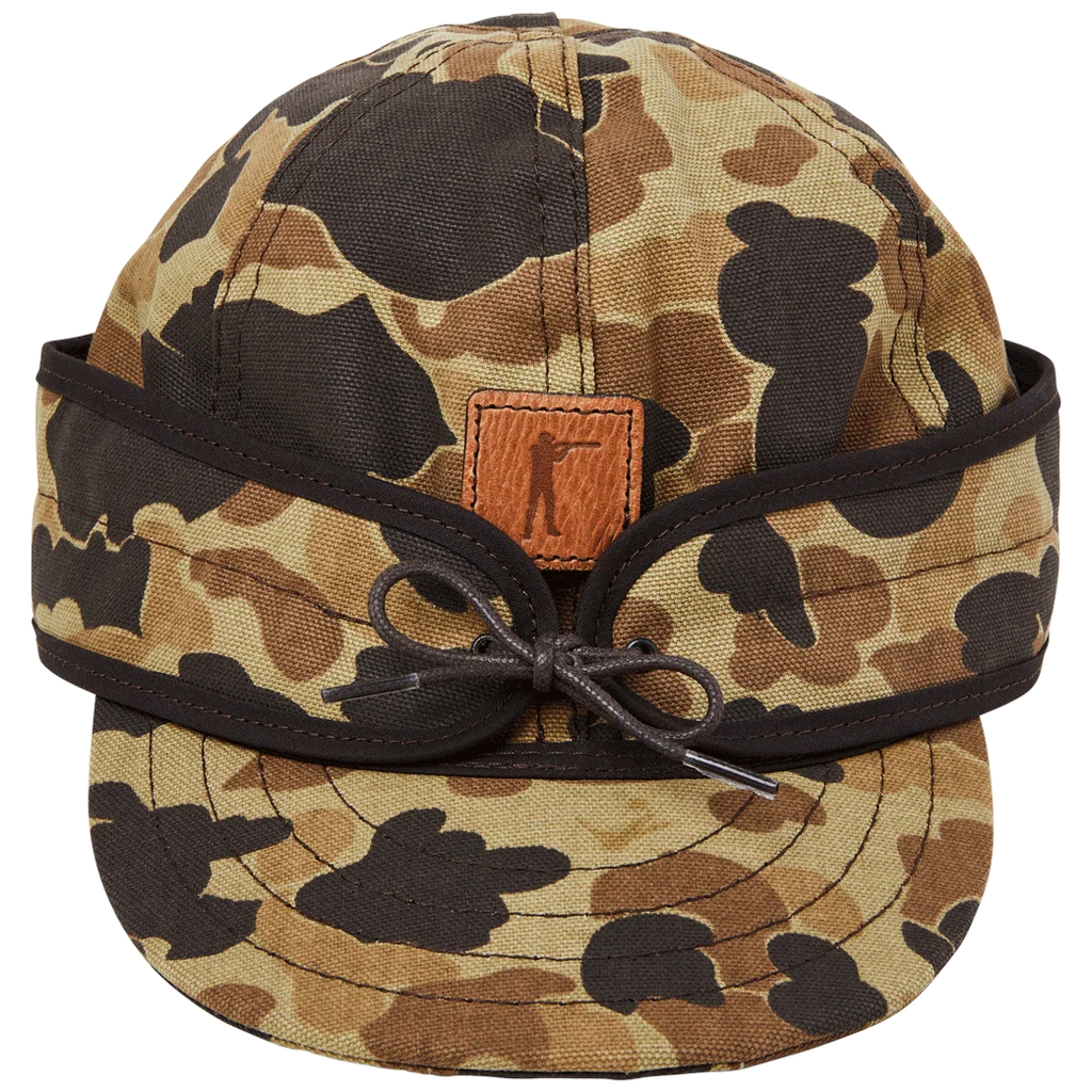 Front view of the insulated Stormy Kromer x Ball and Buck cap in Original Camo