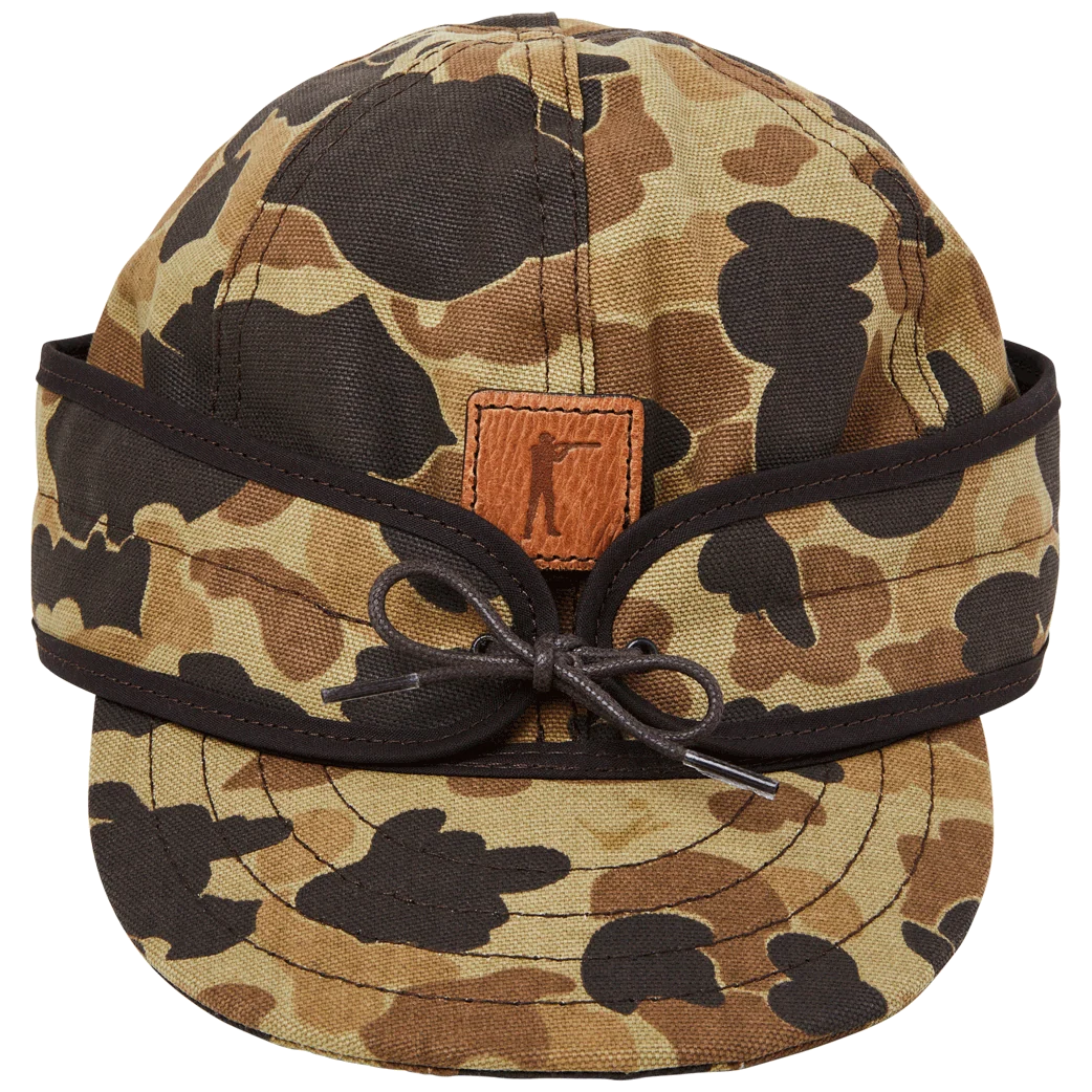 Front view of the insulated Stormy Kromer x Ball and Buck cap in Original Camo