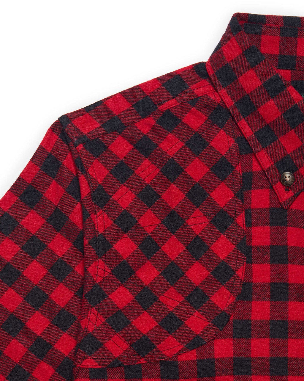 Shooting shoulder on the womens Joan Shirt in red Mini Buffalo Plaid