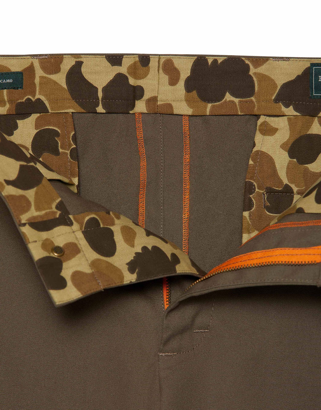 Waistband and camo pocket bags inside the Burnt Sage Heritage Pant