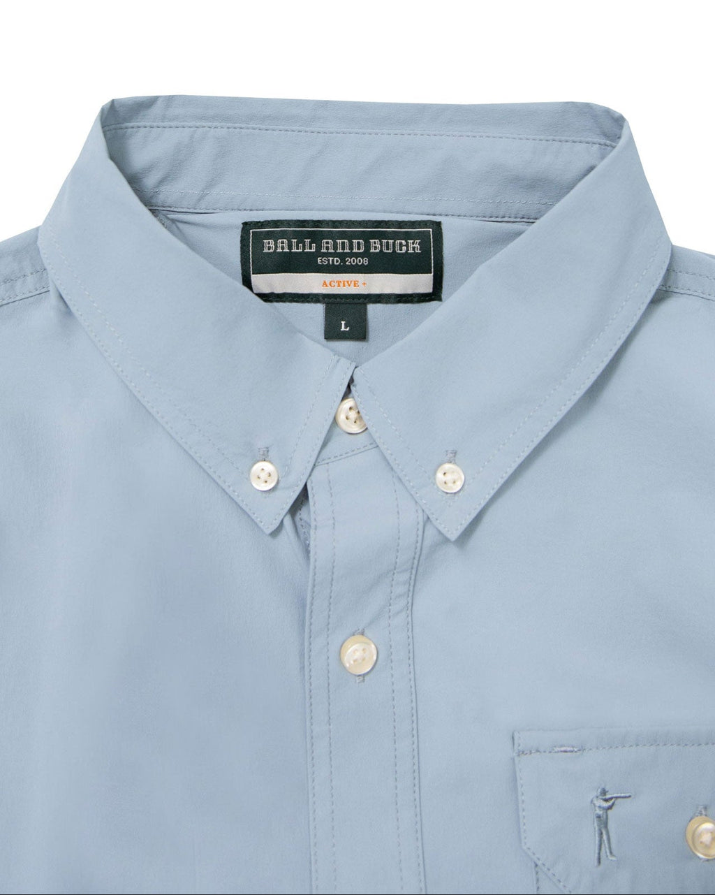 Button-down collar and label on the Sky Blue Active+ Guide Shirt