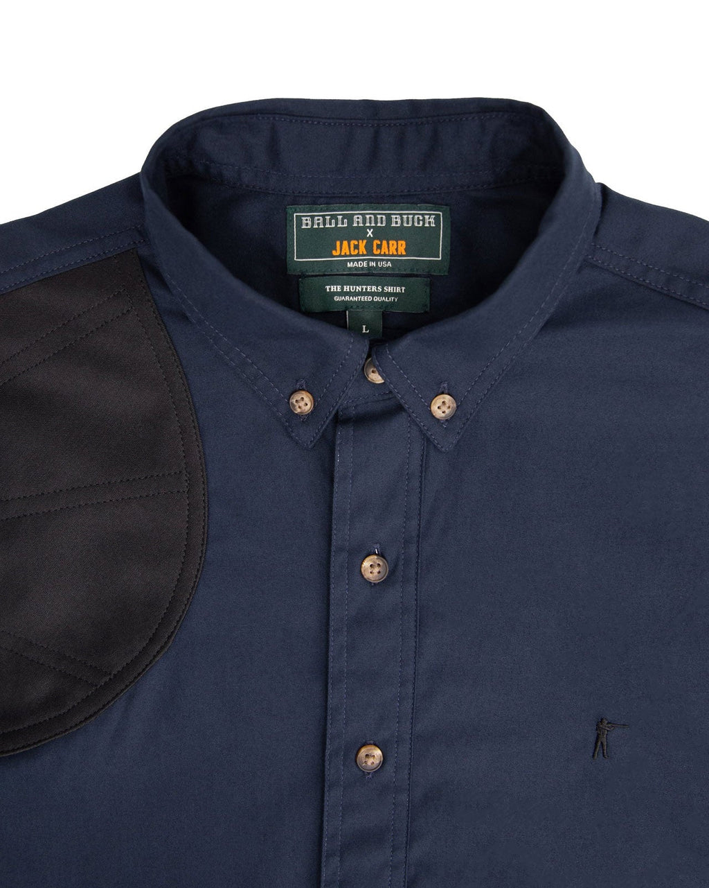 Button-down collar, label and neoprene shooting patch on the Jack Carr Shirt #002
