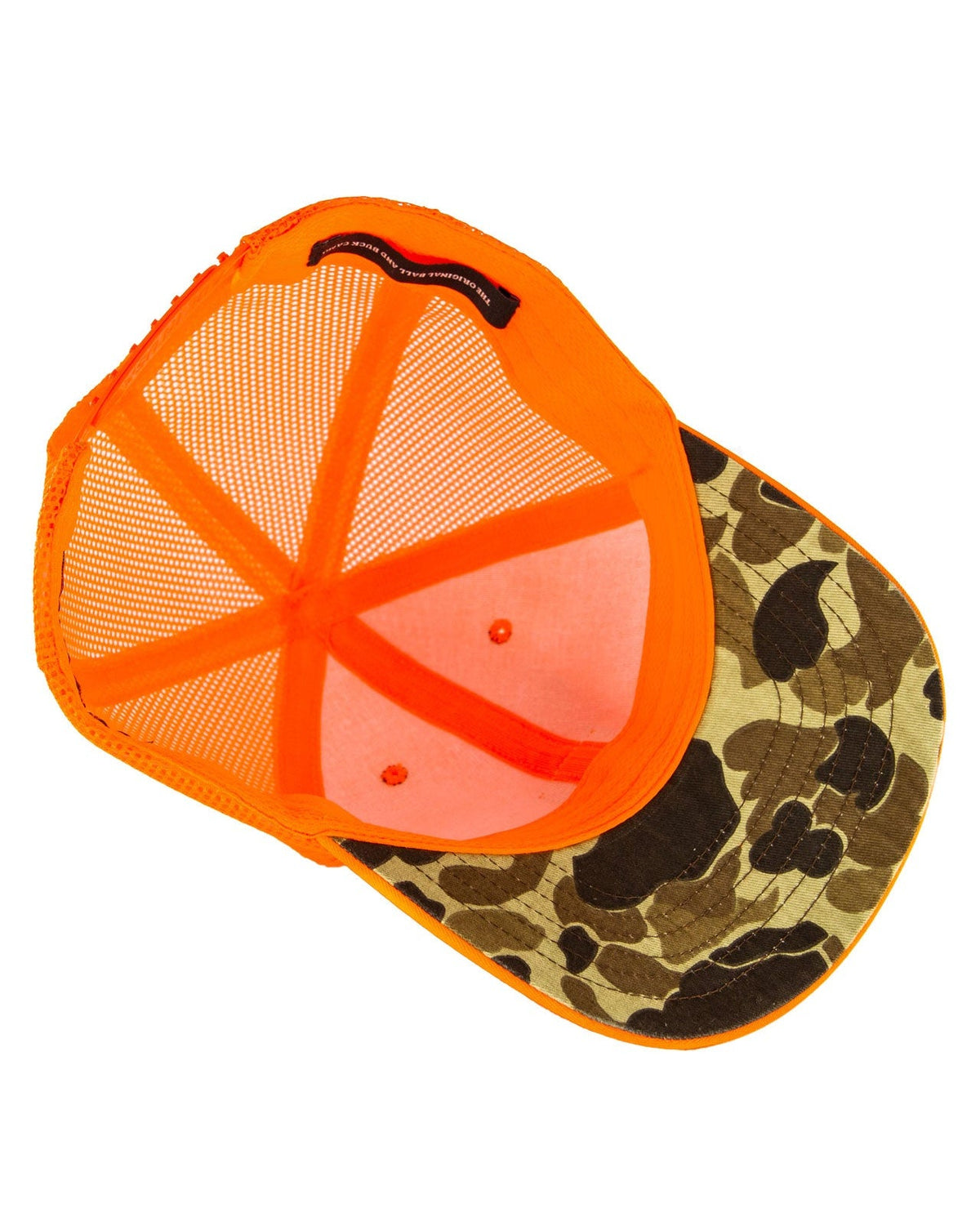 Underside of the blaze orange Arthur Snapback showing Original Camo under the brim