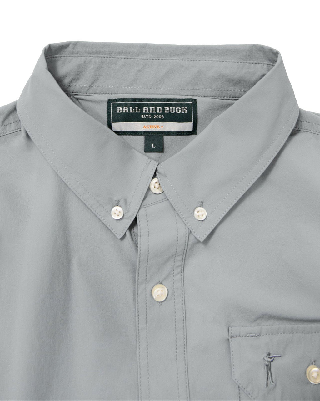 Button-down collar and label on the Stone Grey Active+ Guide Shirt