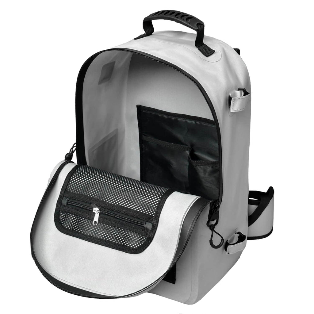 Gray hunting backpack with mesh pockets, top handle, and interior organization for outdoor gear storage
