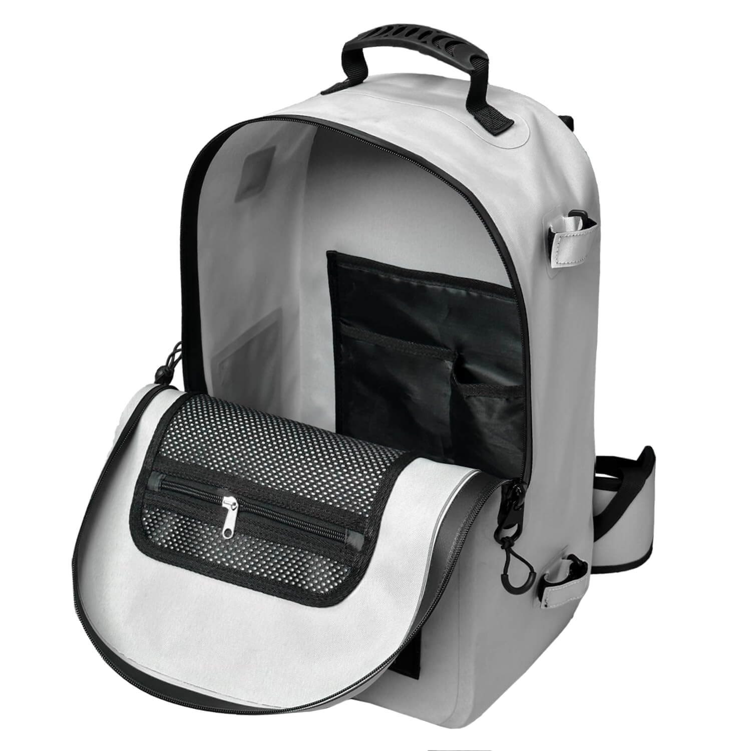 Gray hunting backpack with mesh pockets, top handle, and interior organization for outdoor gear storage