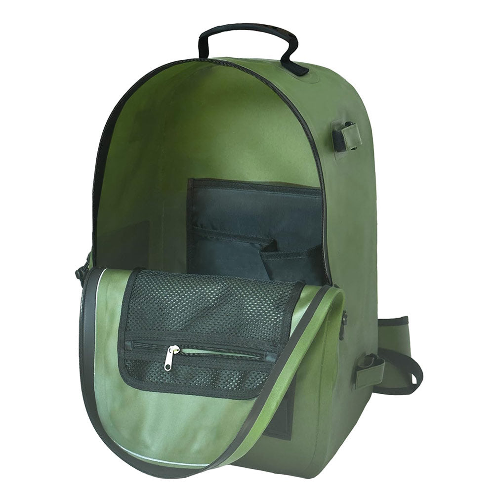Olive green hunting backpack with mesh front pocket and interior storage compartments