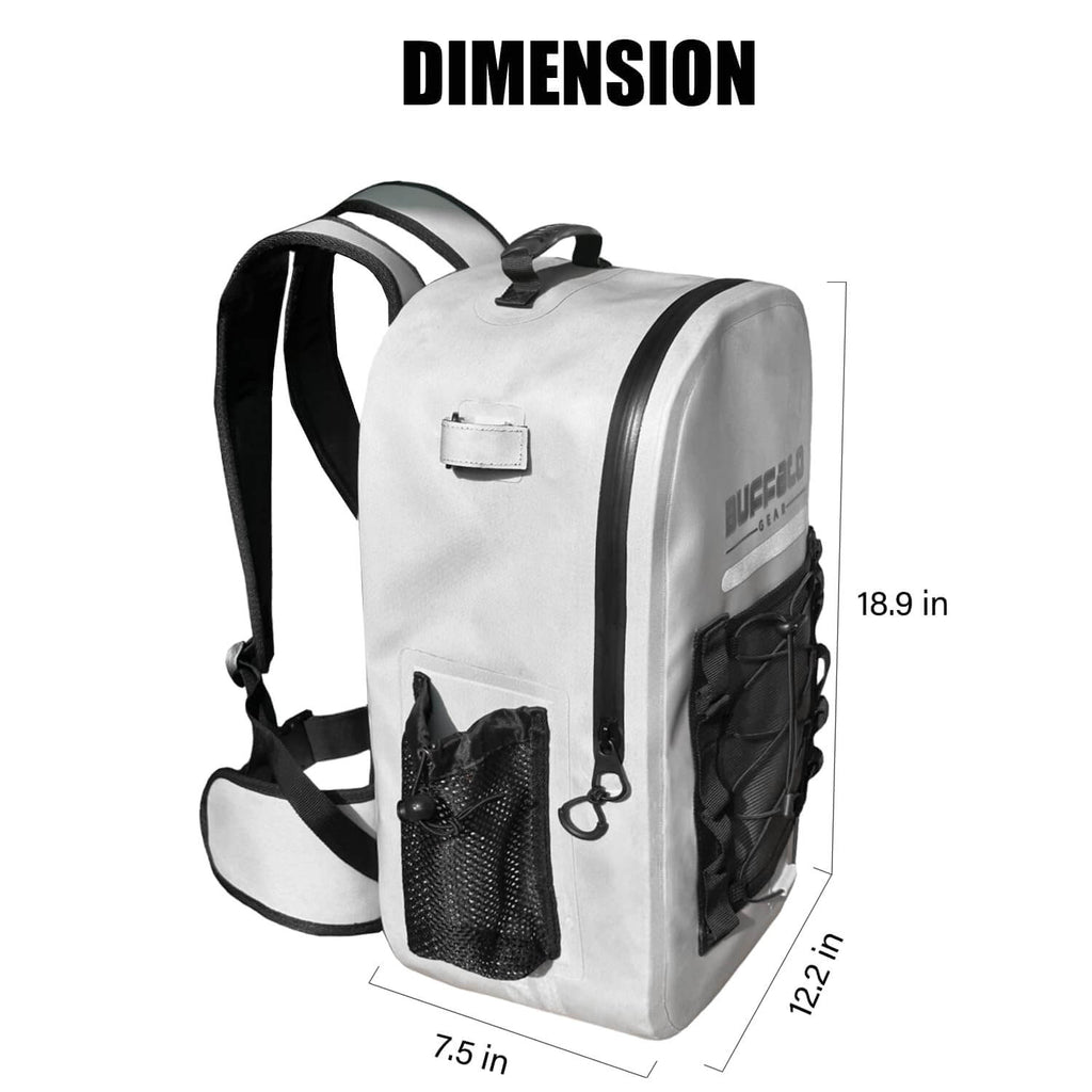 Gray waterproof hunting backpack with mesh side pockets, 18.9 in tall, for outdoor gear storage
