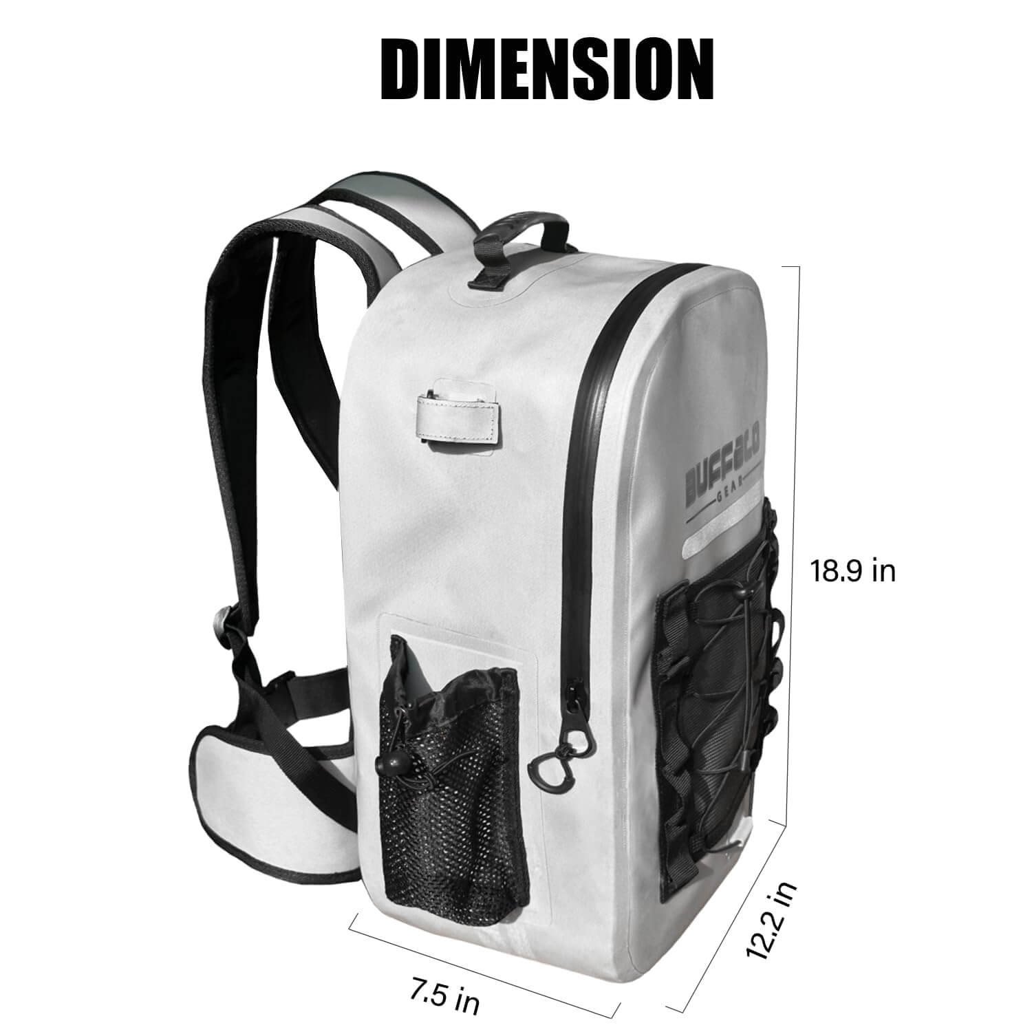 Gray waterproof hunting backpack with mesh side pockets, 18.9 in tall, for outdoor gear storage