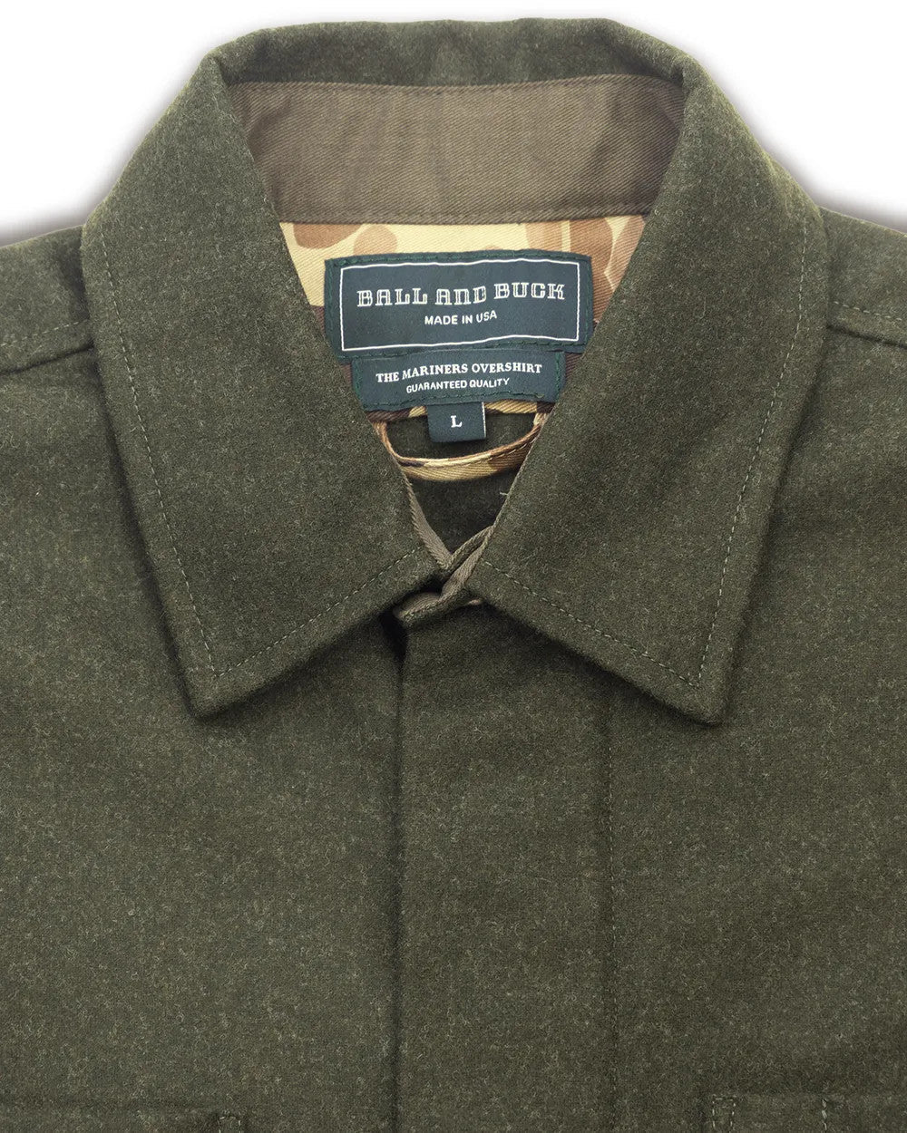 Collar and maker label on the Loden Green Mariners merino wool overshirt