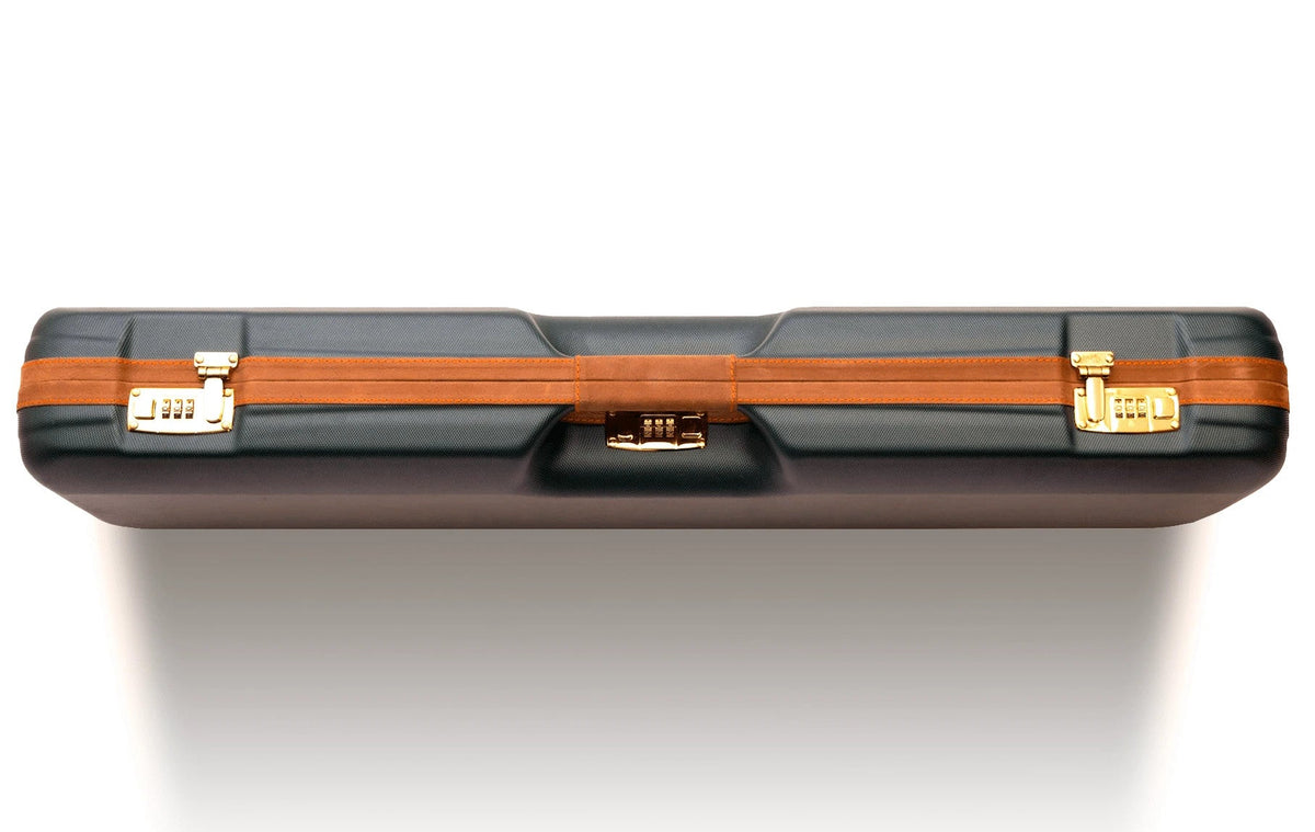 Negrini x Ball and Buck hard case with brown leather trim and brass combination locks, end view