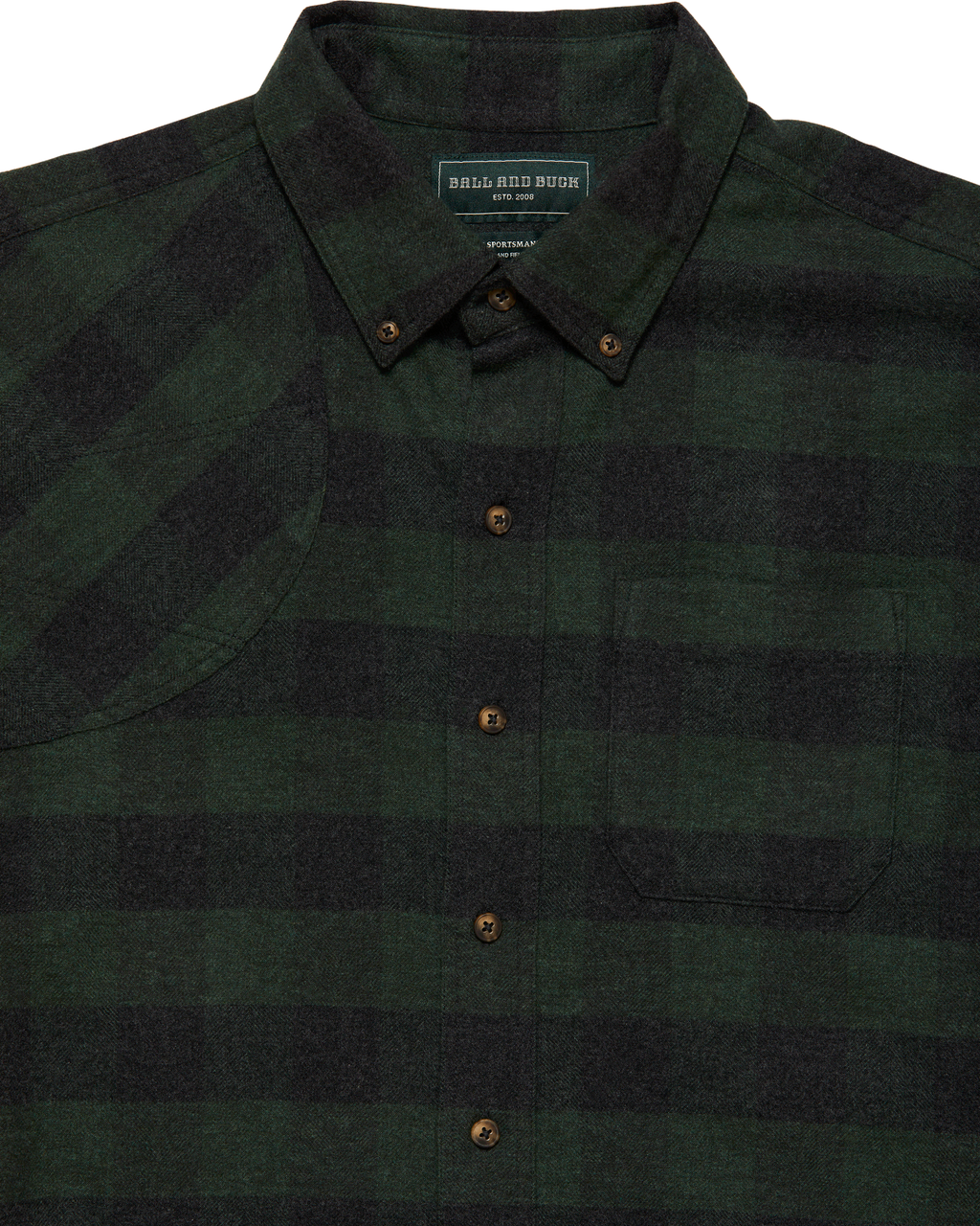 Collar and chest of the Green Buffalo Plaid Sportsmans flannel shirt