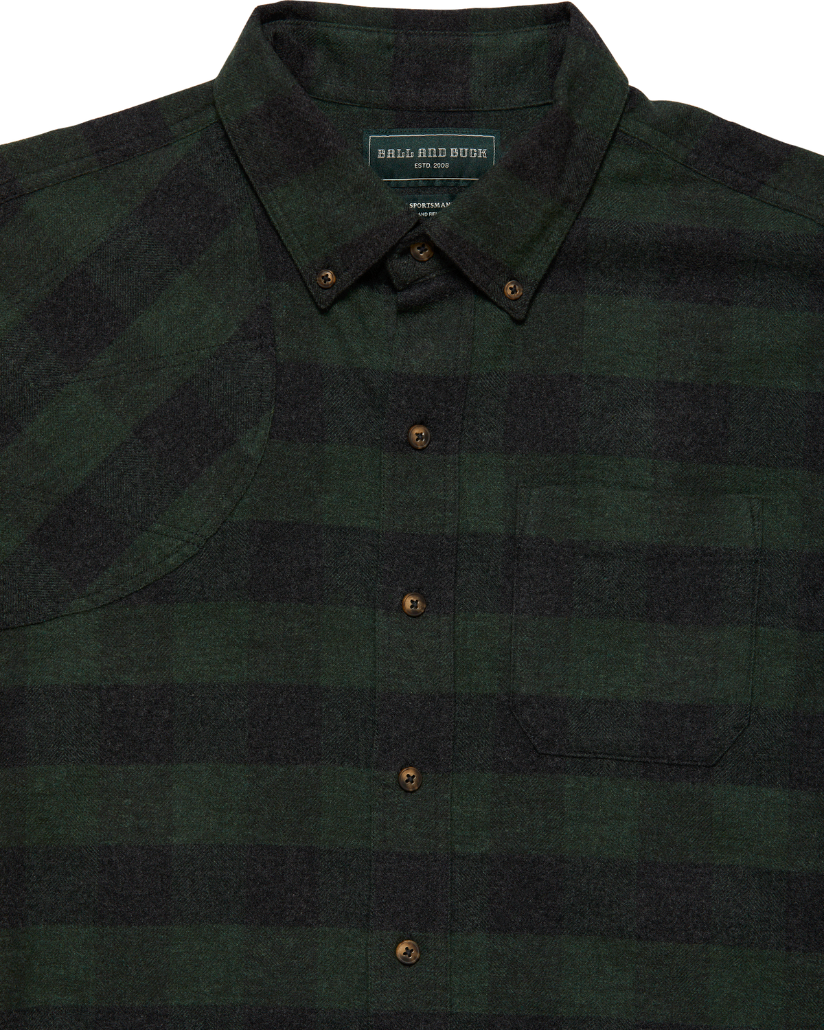 Collar and chest of the Green Buffalo Plaid Sportsmans flannel shirt