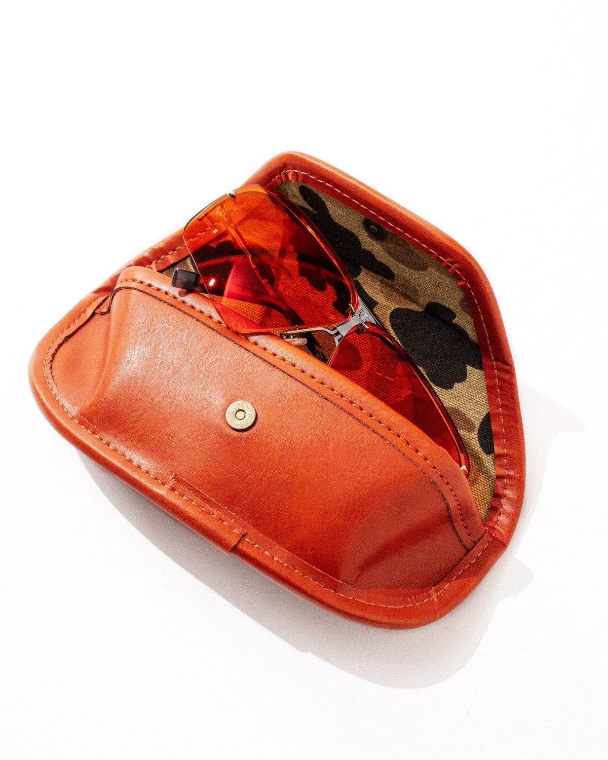 Open cognac camo hard case for the Ranger x Ball and Buck shooting glasses