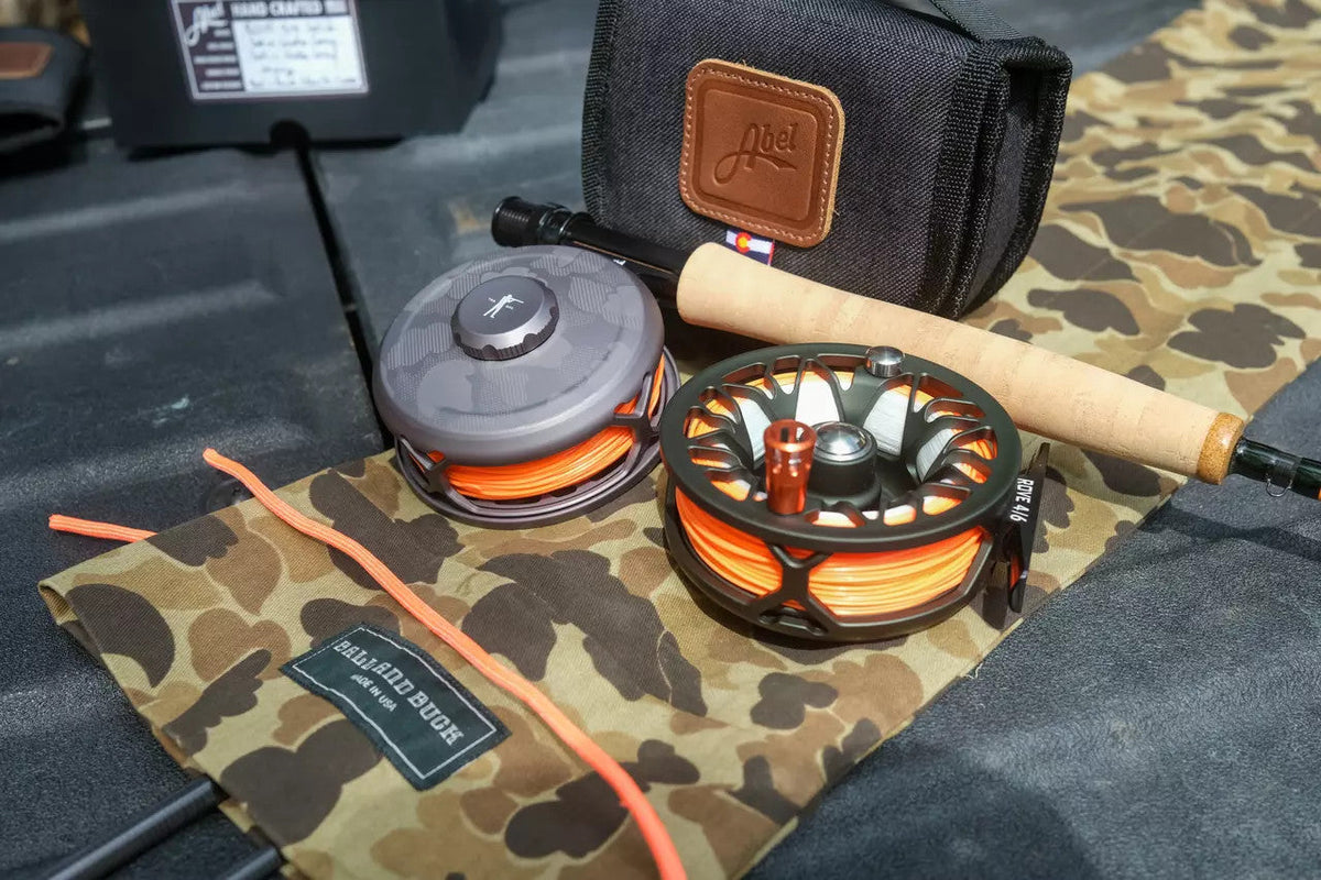 Abel ROVE reel, Ball and Buck reel case and fly rod on an Original Camo rod sleeve