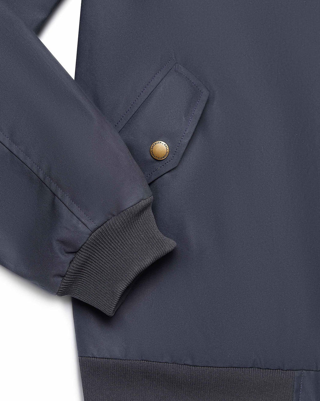 Ribbed cuff and flap pocket on the Navy Blue Harrington Jacket