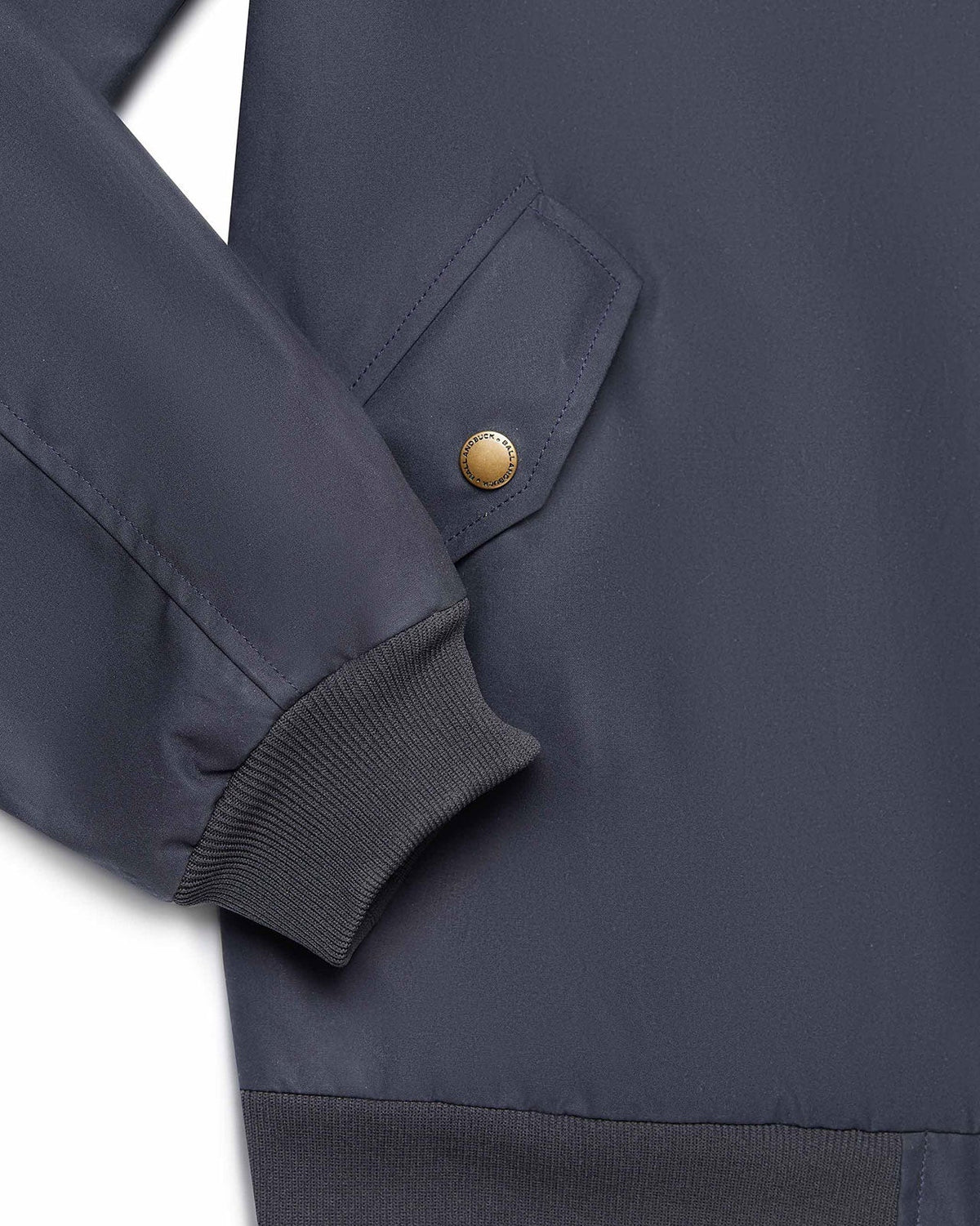 Ribbed cuff and flap pocket on the Navy Blue Harrington Jacket
