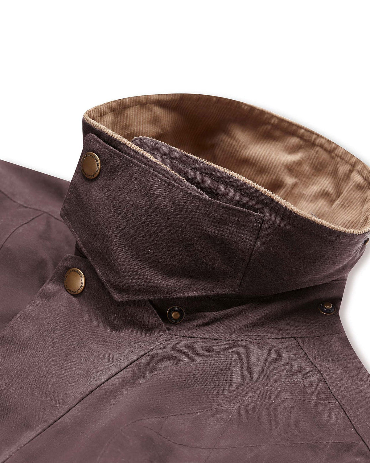 Corduroy collar turned up on the Dark Oak Upland Jacket