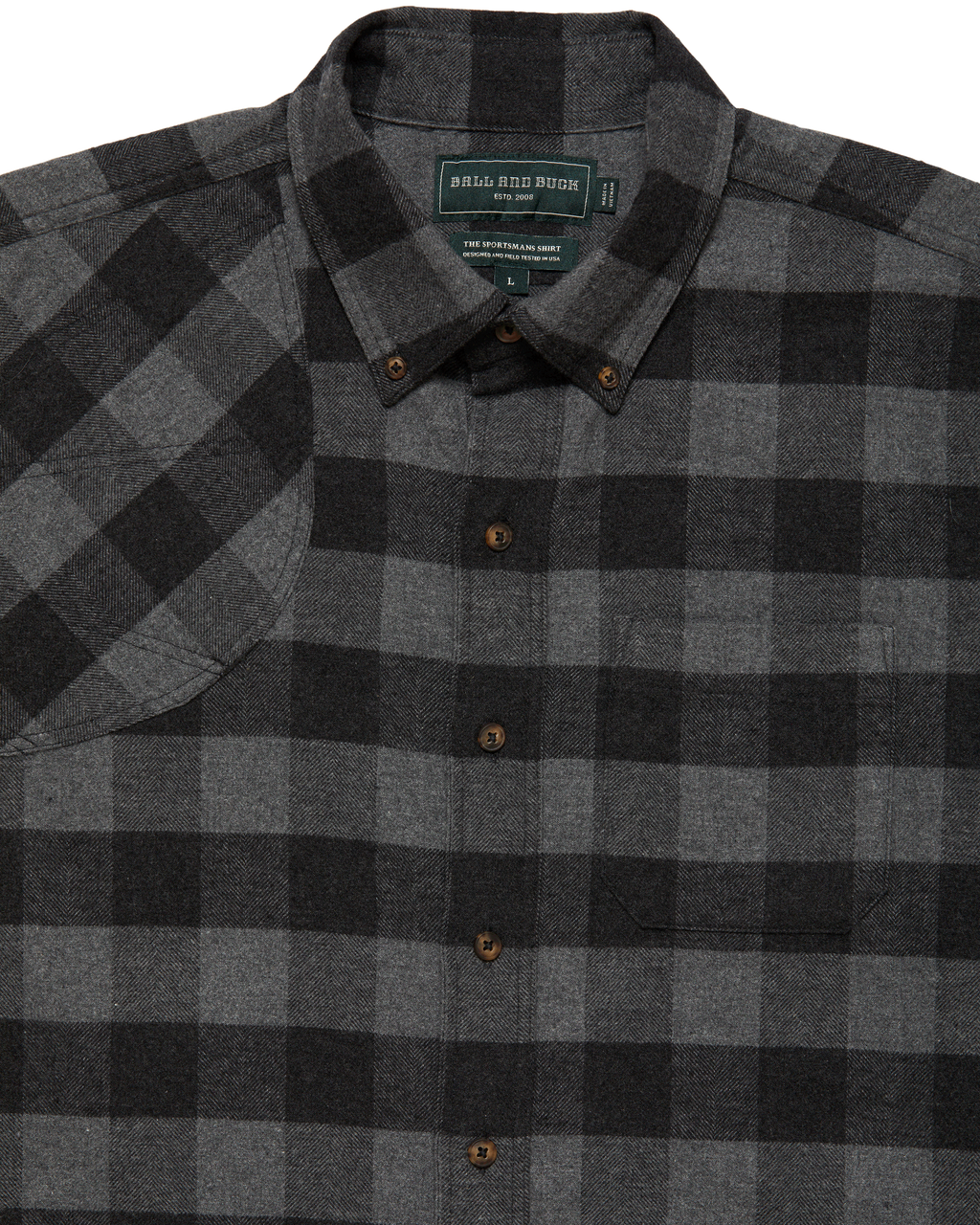 Collar and label on the Grey Buffalo Plaid Sportsmans flannel shirt