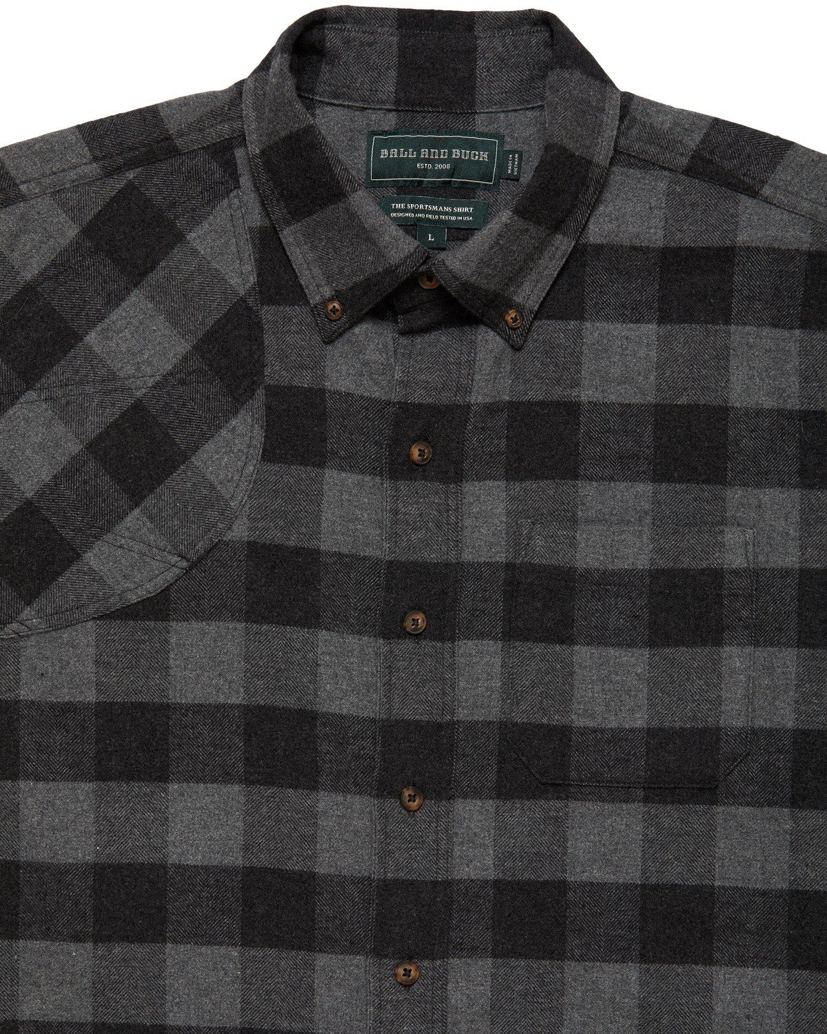 Collar and label on the Grey Buffalo Plaid Sportsmans flannel shirt