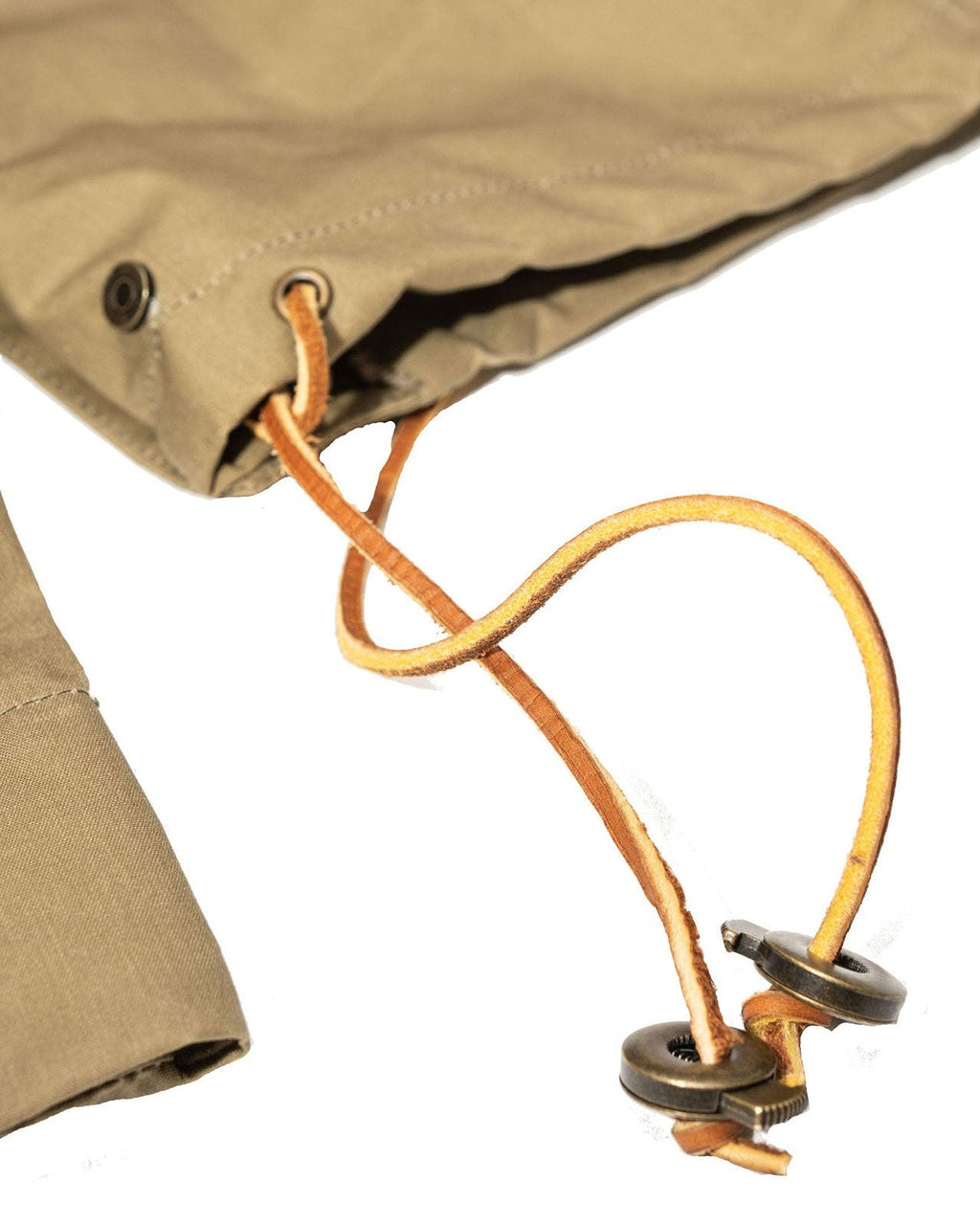 Leather waistband drawstring with toggles on the Waxed Cotton Anorak