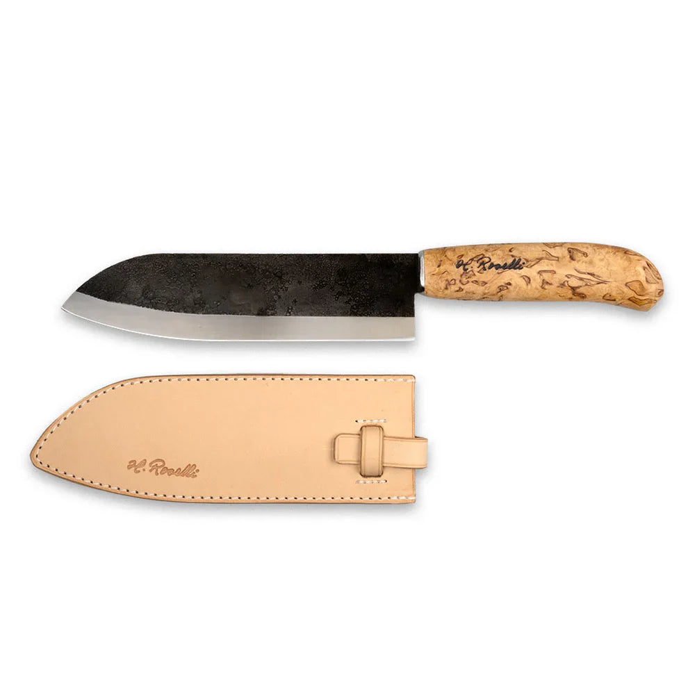 H. Roselli hunting knife with burl wood handle and leather sheath, outdoor gear for field dressing