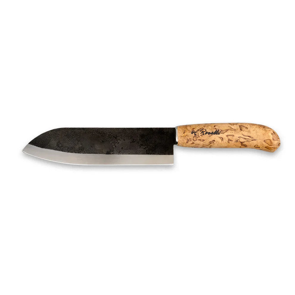 Hunting knife with rustic black blade and burl wood handle, ideal for outdoor field dressing