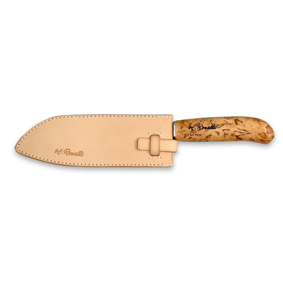 H. Roselli hunting knife with burl wood handle and tan leather sheath for outdoor use