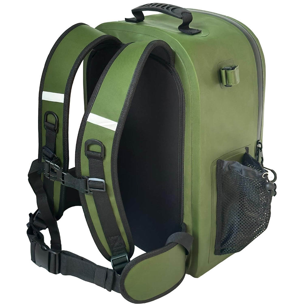 Olive green waterproof hunting backpack with padded straps, mesh side pocket, and top handle for outdoor gear storage