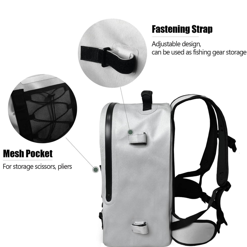 Gray waterproof fishing backpack with mesh pocket and adjustable fastening strap for gear storage