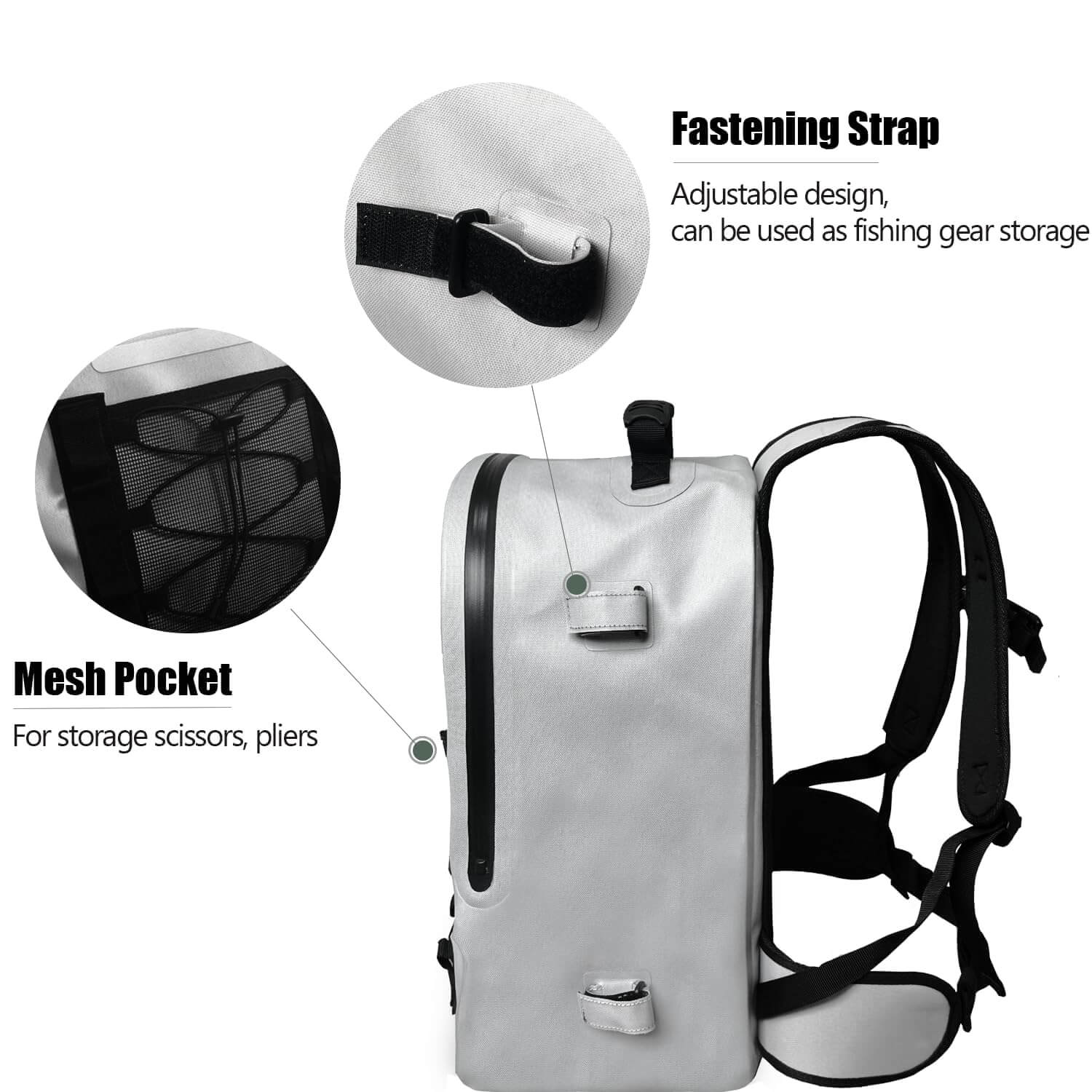 Gray waterproof fishing backpack with mesh pocket and adjustable fastening strap for gear storage