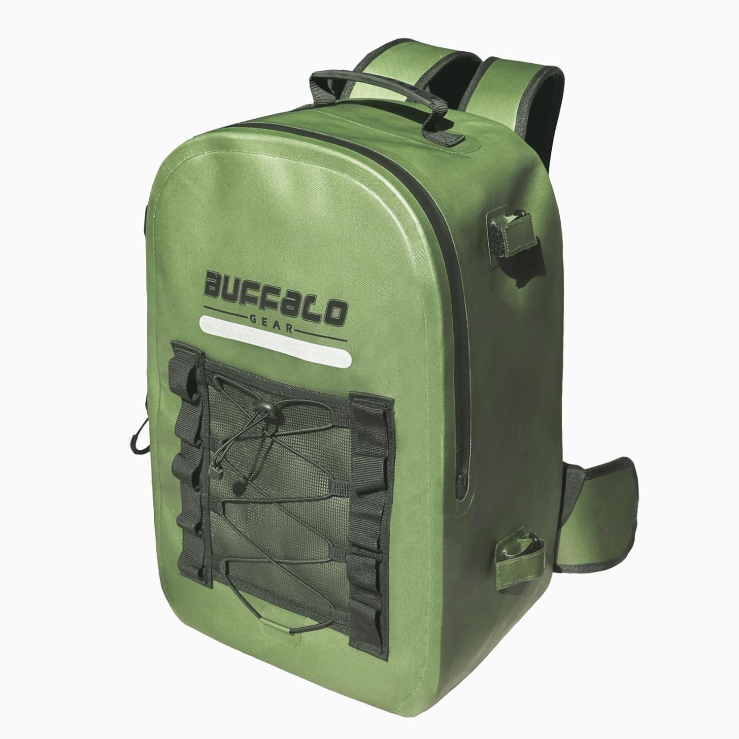 Olive green Buffalo Gear waterproof backpack with front mesh pocket, ideal for hunting and outdoor adventures.