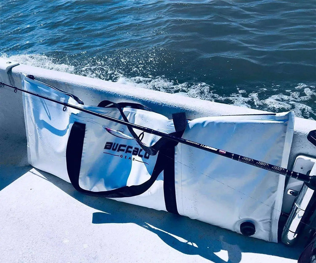 Buffalo Gear fishing rod in white tackle bag on boat, ocean backdrop, ideal for saltwater fishing gear storage