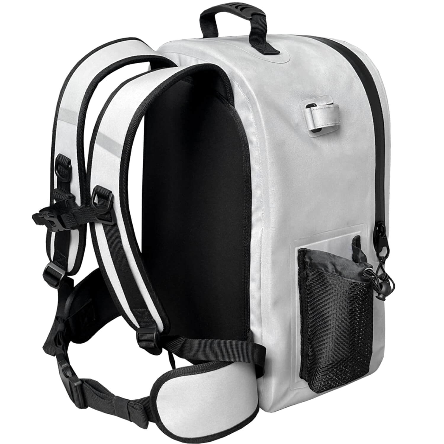 White and black hunting backpack with padded straps, mesh side pocket, and adjustable harness for outdoor gear storage