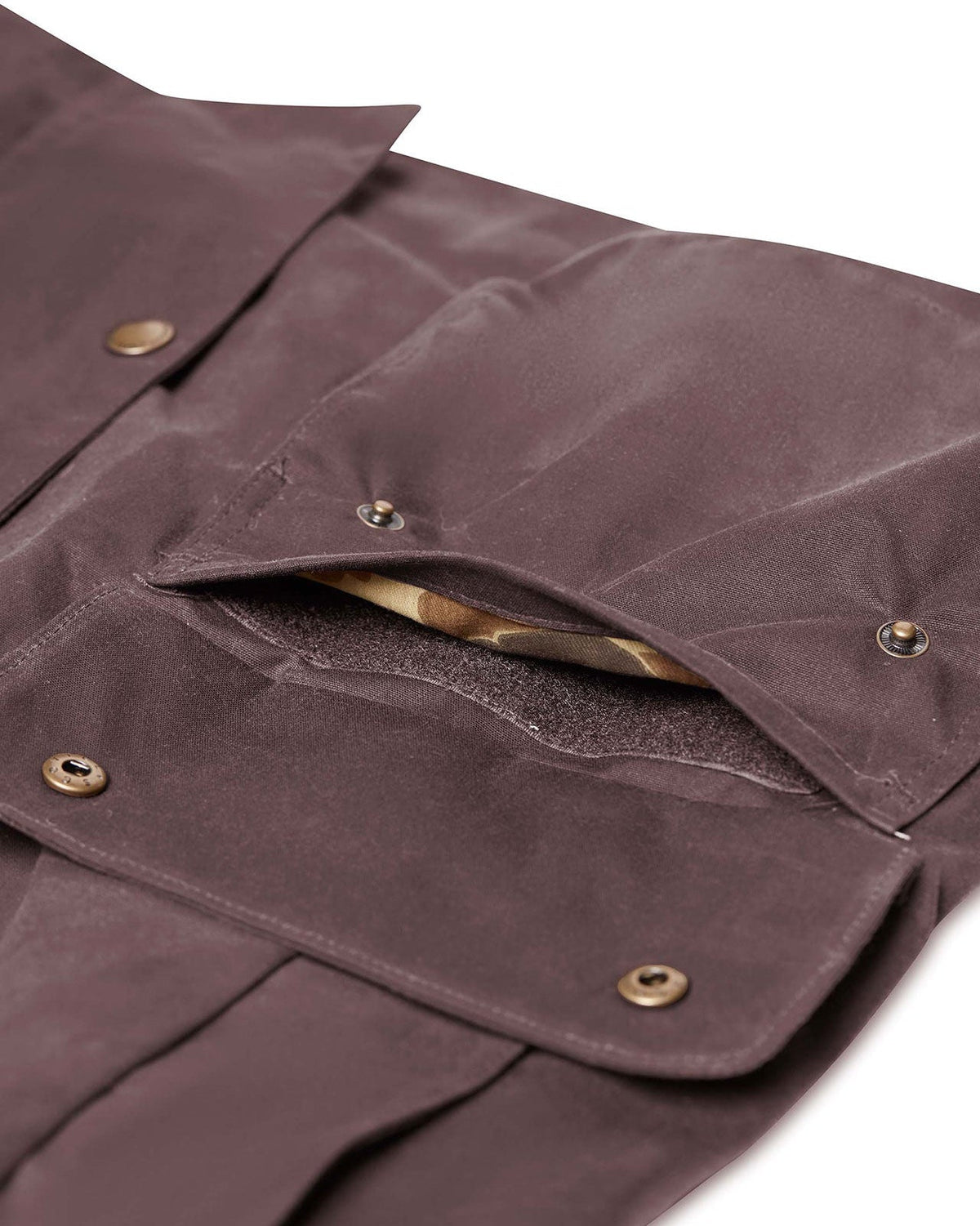 Moleskin lined hand warmer pocket on the Dark Oak Upland Jacket