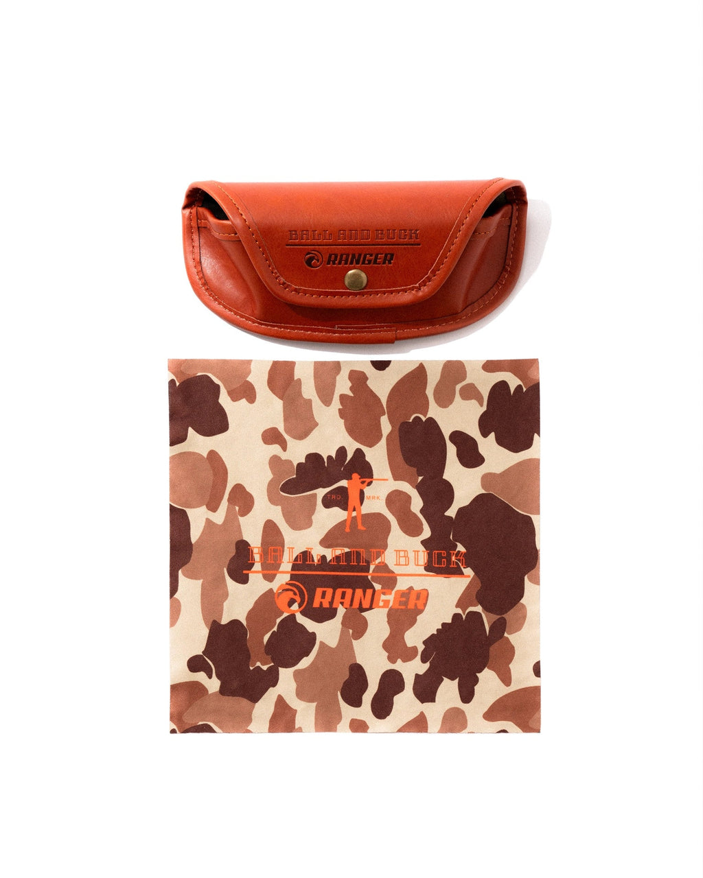 Closed cognac case and Original Camo cleaning cloth included with the Ranger Edge glasses