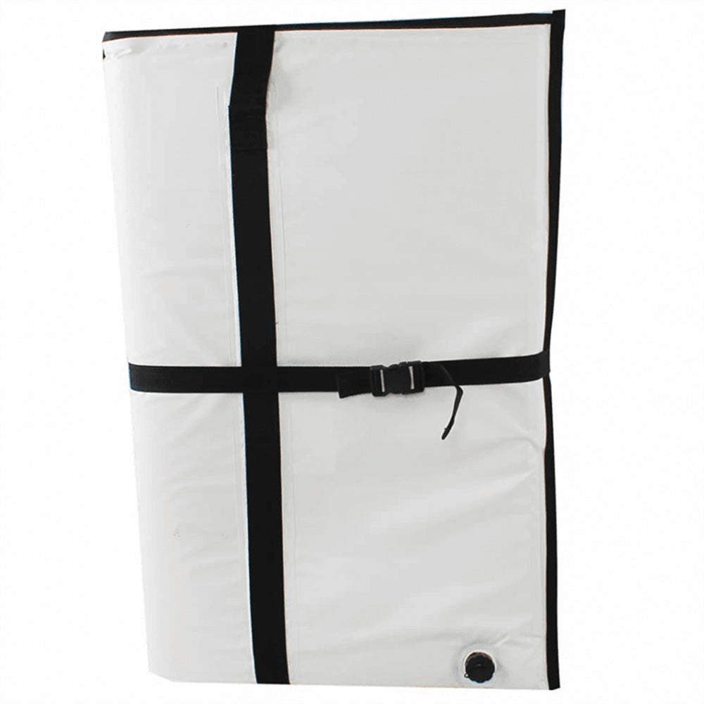 White waterproof hunting gear bag with black straps and buckle for outdoor storage and transport