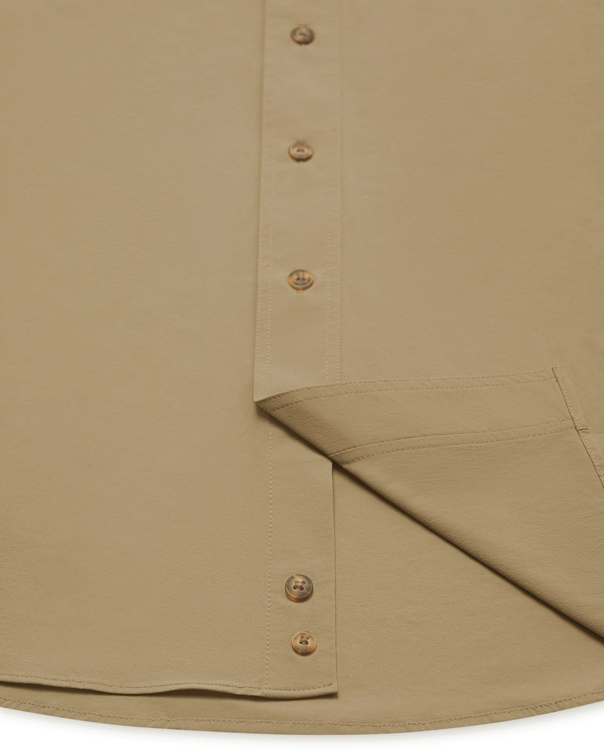 Button placket and hem on the Tan Active+ Guide Shirt