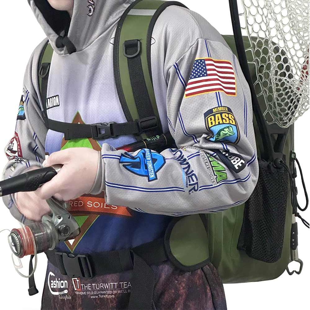 Gray fishing jersey with American flag patch, BASS member logo, and olive green backpack with net