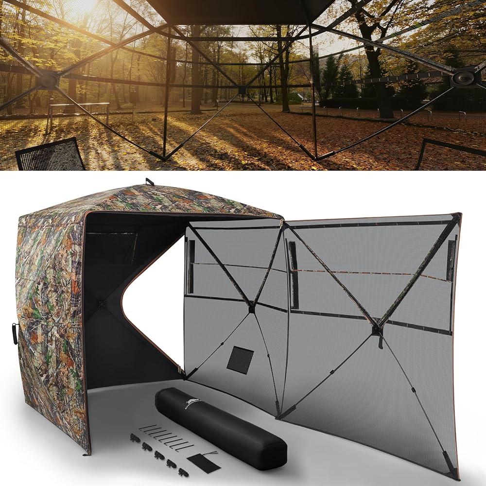 Hunting Blind, 270° See Through Ground Blind, 2-3 Person Pop Up Deer Blind for Hunting with Carrying Bag, Portable Resilient Hunting Tent, 3 Horizontal Windows for Turkey and Deer Hunting
