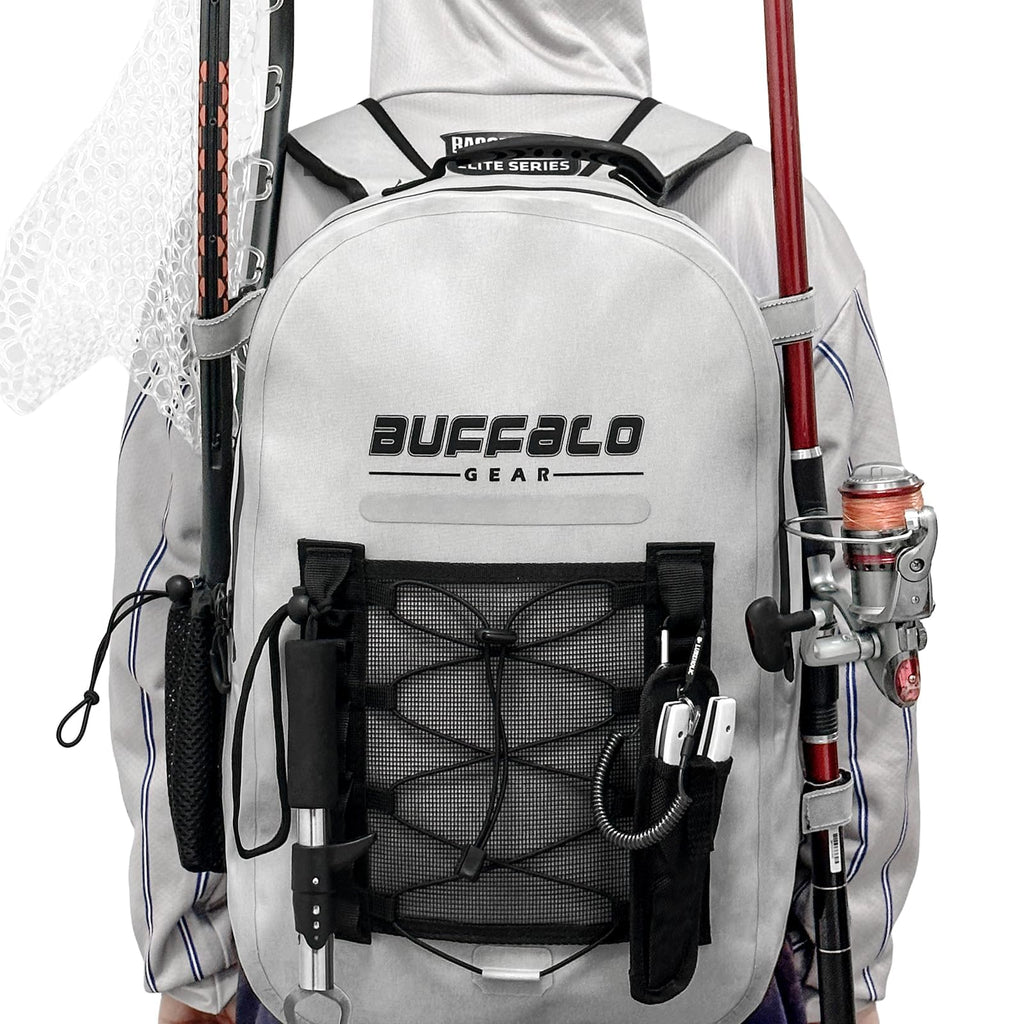 Buffalo Gear fishing backpack with rod holders, mesh pockets, and tackle storage for outdoor anglers