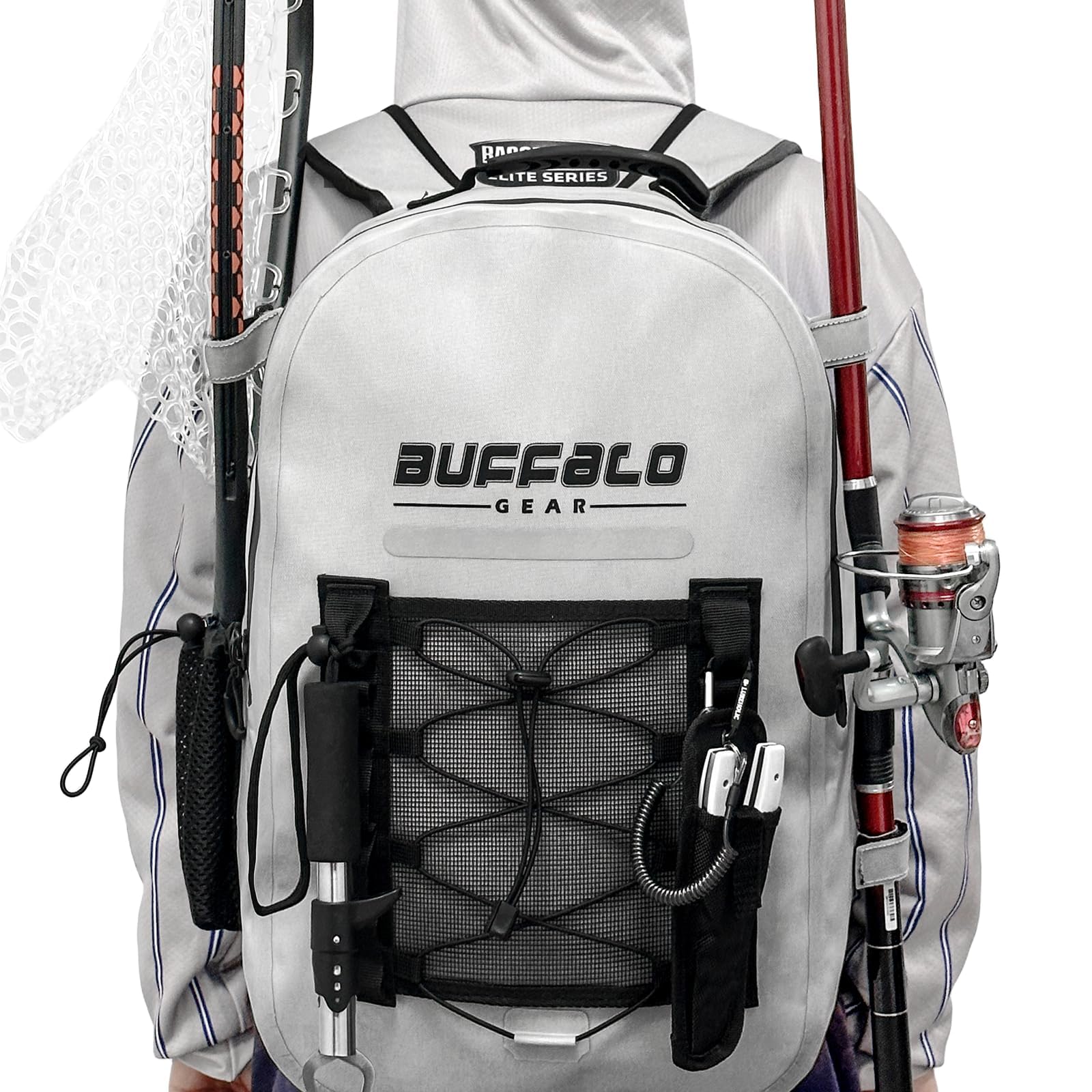 Buffalo Gear fishing backpack with rod holders, mesh pockets, and tackle storage for outdoor anglers