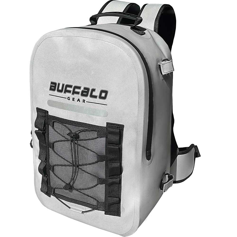 Buffalo Gear gray waterproof backpack with mesh front pocket, ideal for hunting and outdoor adventures