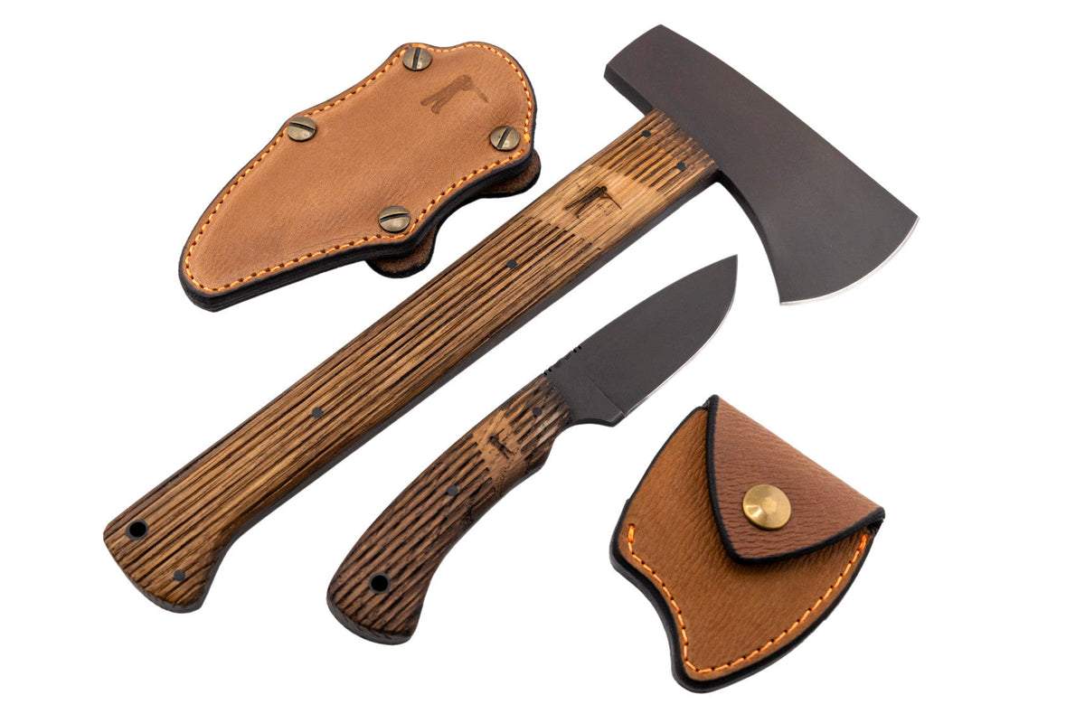 Winkler Highland Hatchet and Huntsman Knife with their Ball and Buck leather sheaths