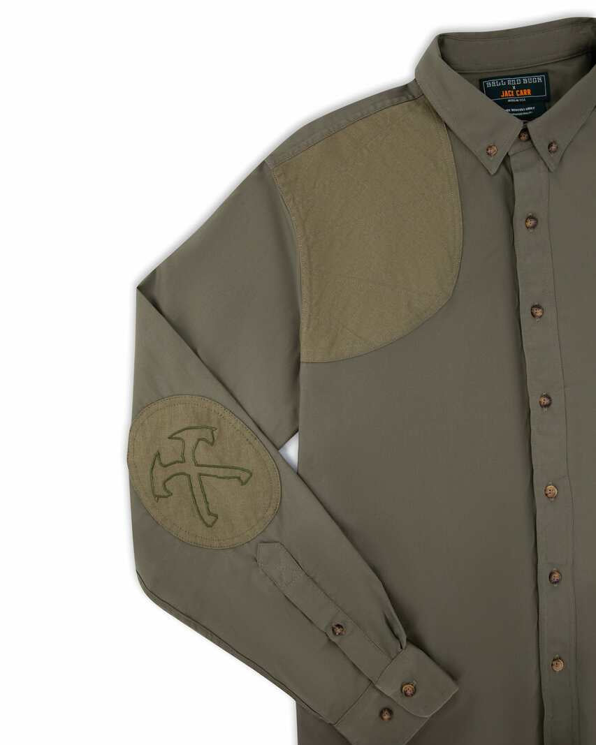 Side view of the Jack Carr Hunters Shirt showing shoulder and elbow patches